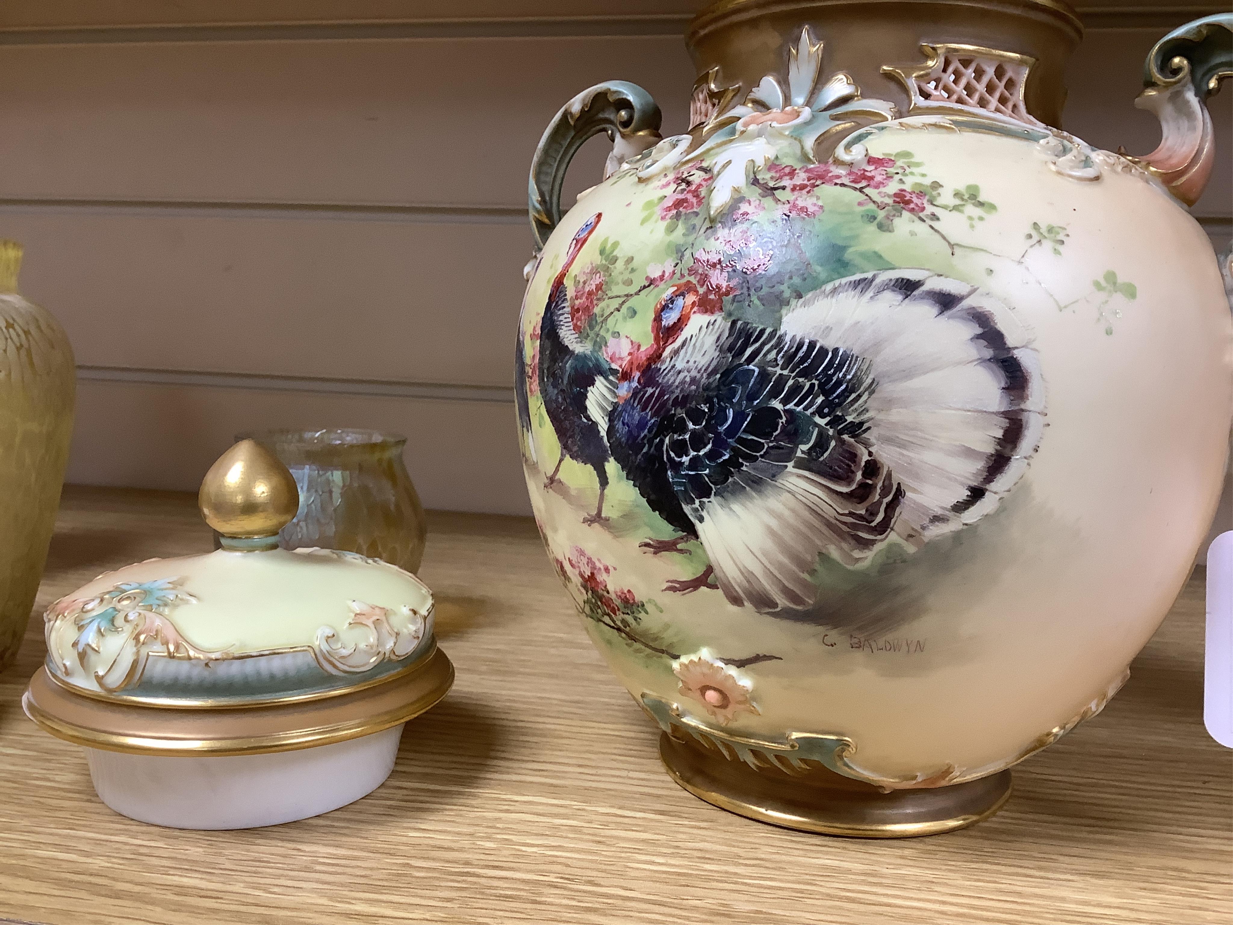 A Worcester jar and cover, 1515, painted with turkeys by Charles Baldwyn, 25cm high. Condition - fair, one handle repaired